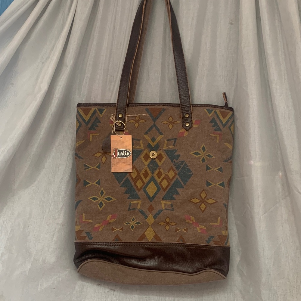 Justin Boots Brown Southwestern Tote with Multicolor Diamond Pattern